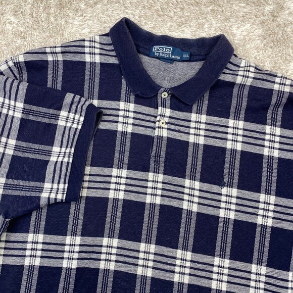 Vintage Polo Ralph Lauren Polo Shirt Mens XXL Navy White Windowpane Check Rare - Picture 1 of 12